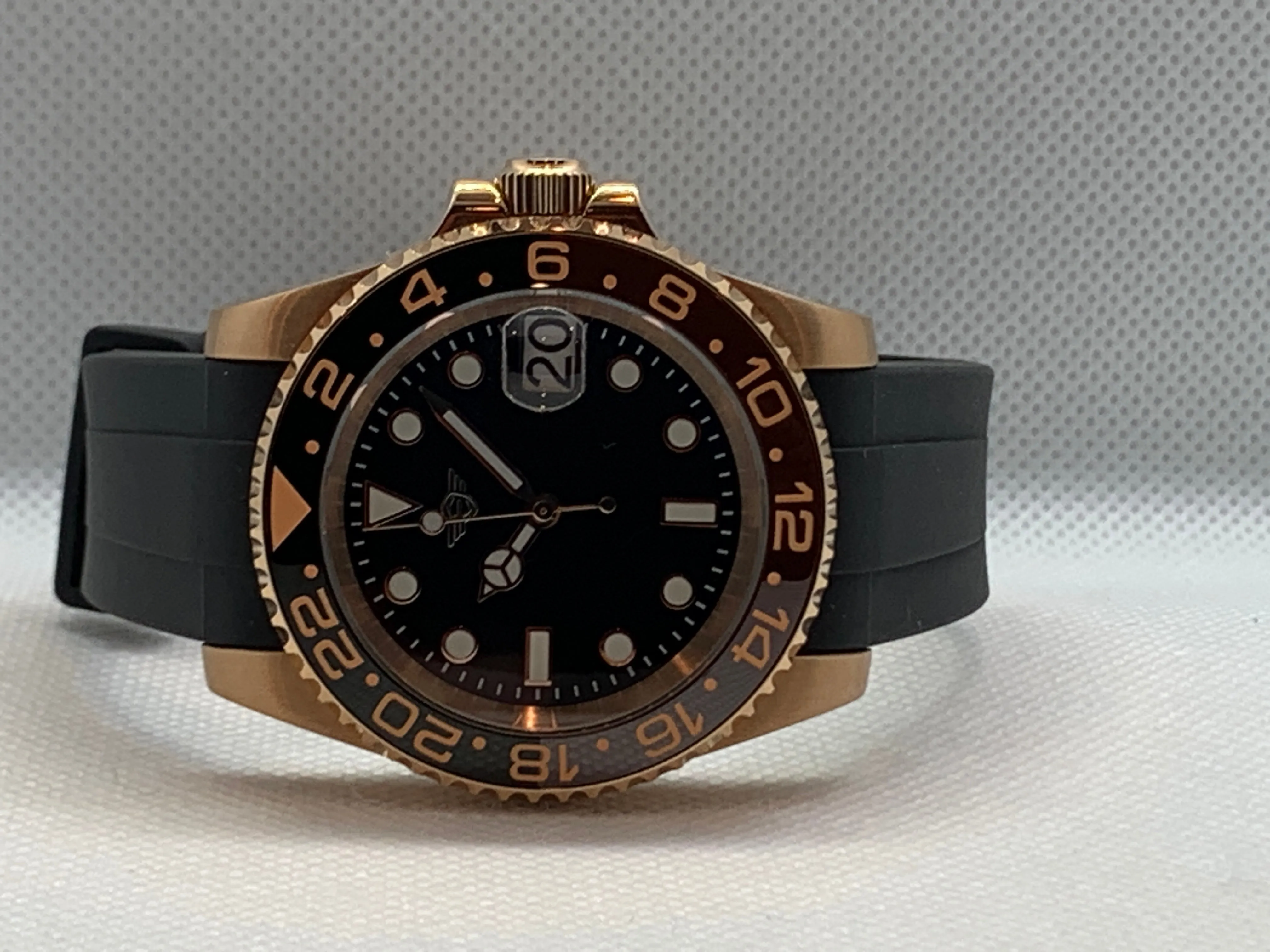 Men's 40MM Watch, Rose Gold Case, Ceramic GMT Rootbeer Bezel Insert, Sapphire Crystal, Rubber Strap w/ Rose Gold Buckle