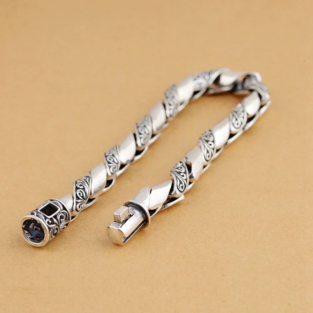 Men's Real Solid 925 Sterling Silver Bracelets Link Carved Flower Chain Jewelry 7.9" 8.3"