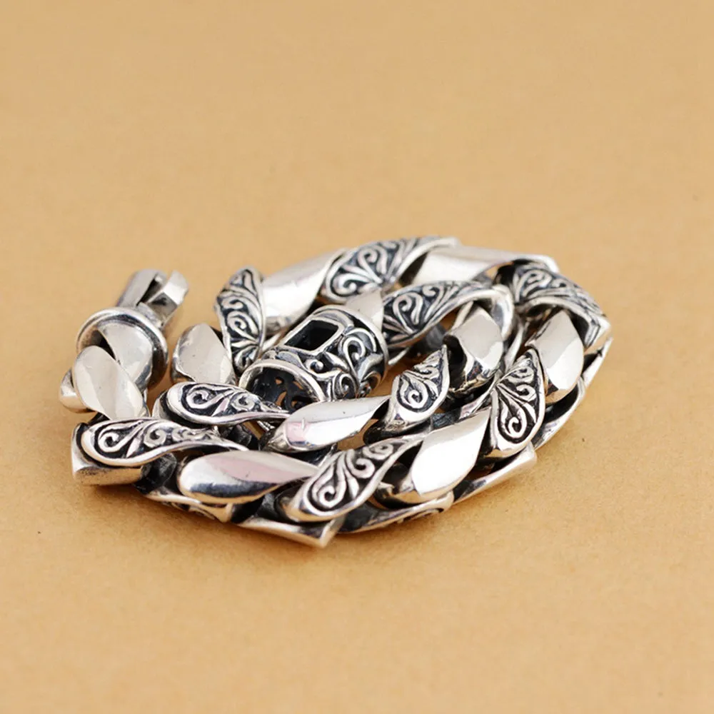 Men's Real Solid 925 Sterling Silver Bracelets Link Carved Flower Chain Jewelry 7.9" 8.3"
