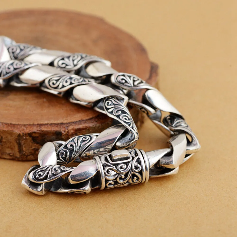 Men's Real Solid 925 Sterling Silver Bracelets Link Carved Flower Chain Jewelry 7.9" 8.3"