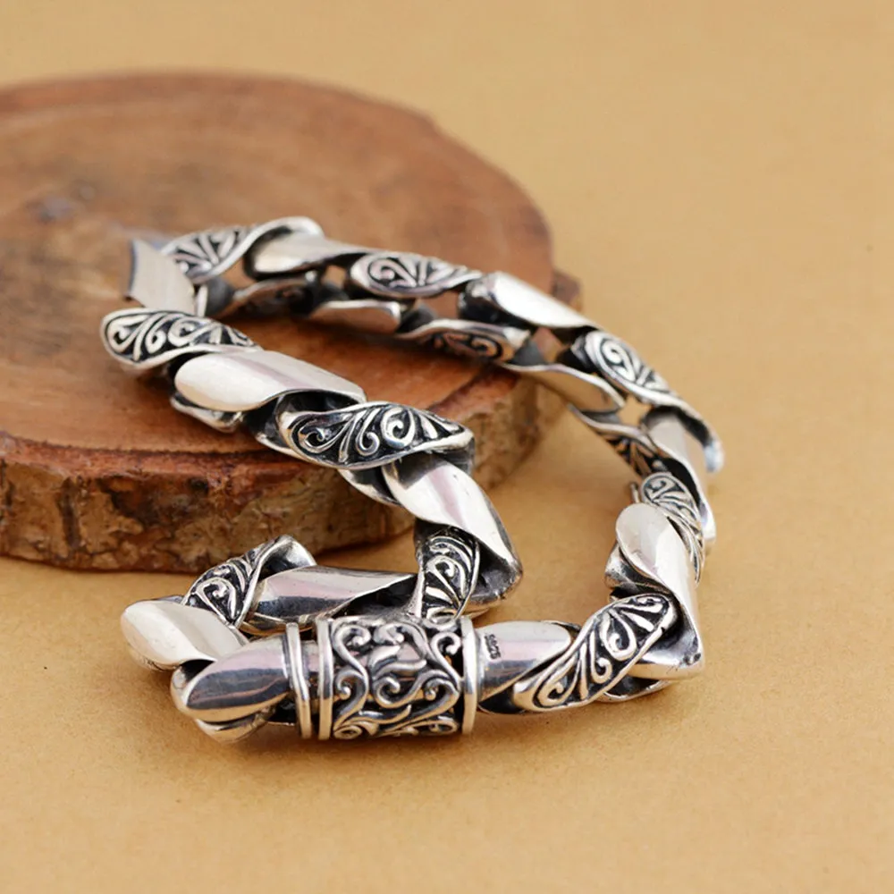 Men's Real Solid 925 Sterling Silver Bracelets Link Carved Flower Chain Jewelry 7.9" 8.3"