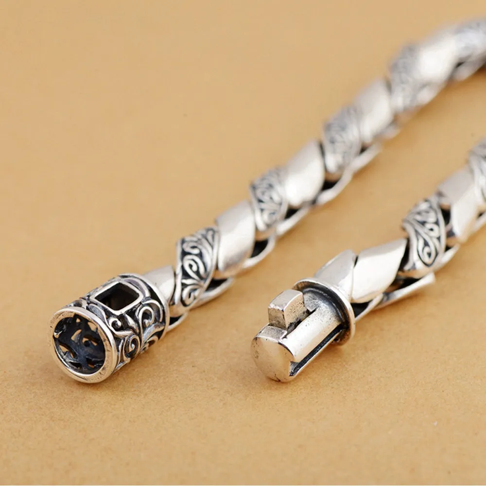 Men's Real Solid 925 Sterling Silver Bracelets Link Carved Flower Chain Jewelry 7.9" 8.3"