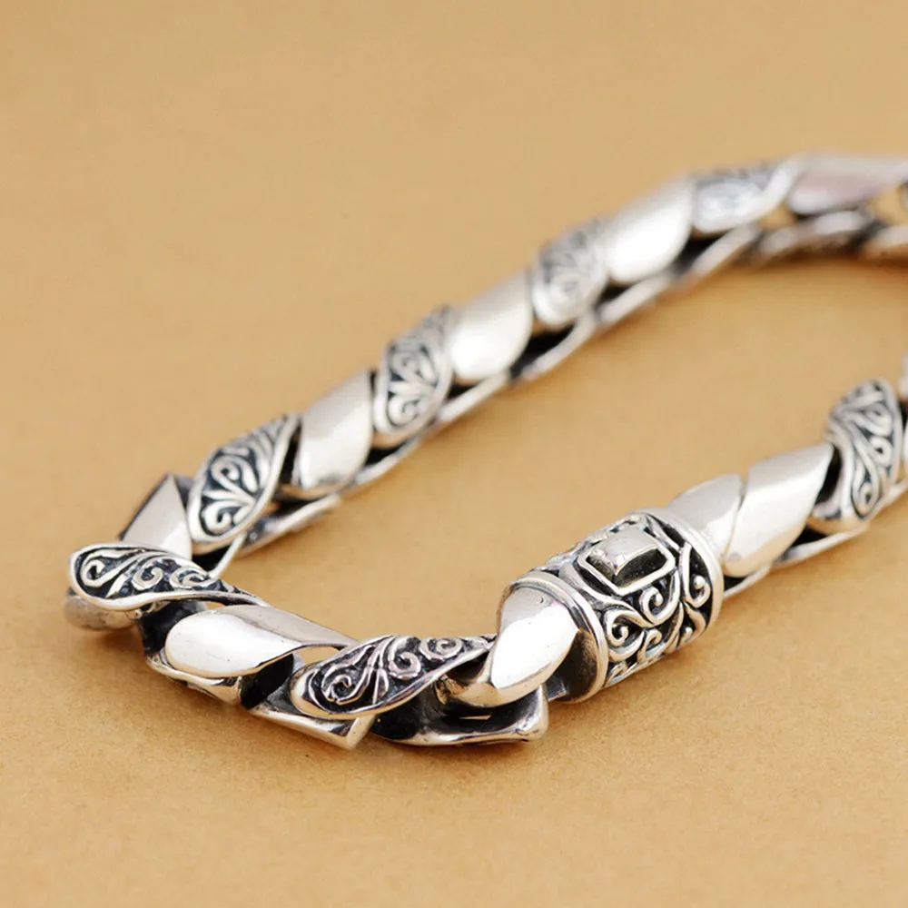 Men's Real Solid 925 Sterling Silver Bracelets Link Carved Flower Chain Jewelry 7.9" 8.3"