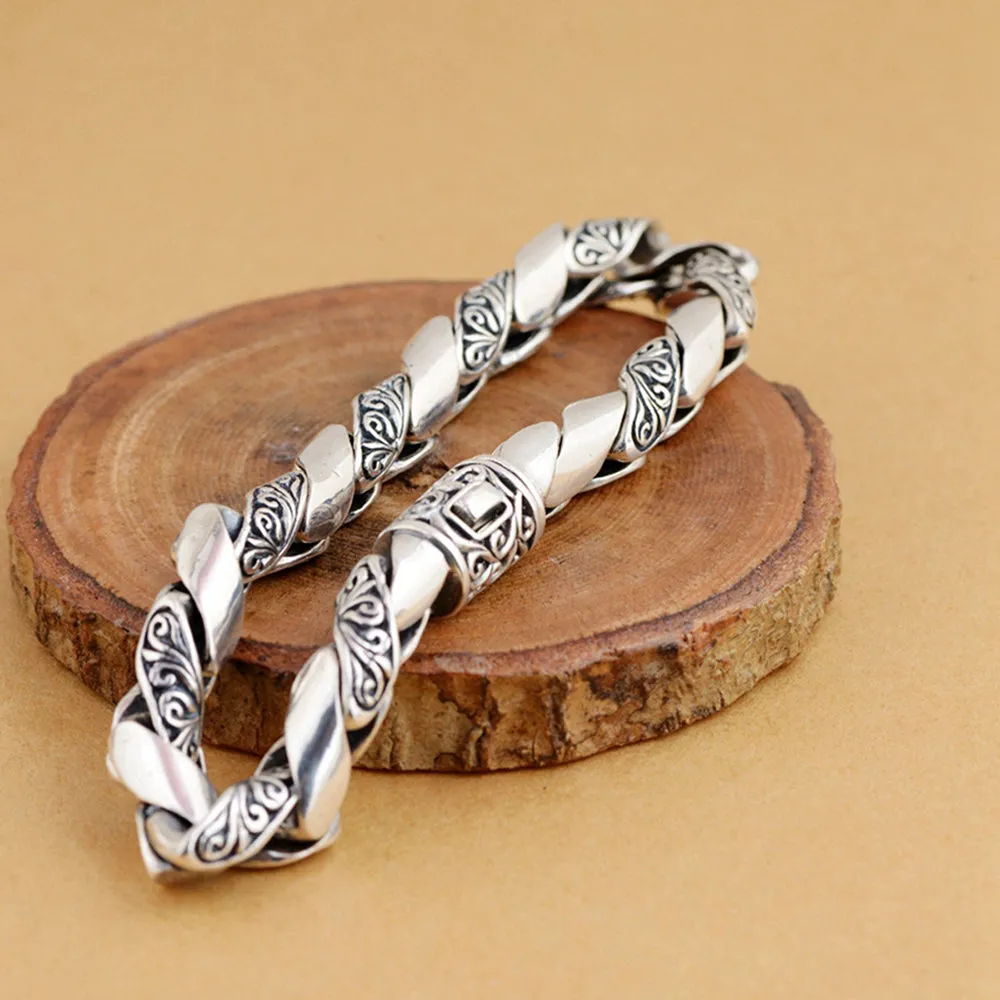 Men's Real Solid 925 Sterling Silver Bracelets Link Carved Flower Chain Jewelry 7.9" 8.3"