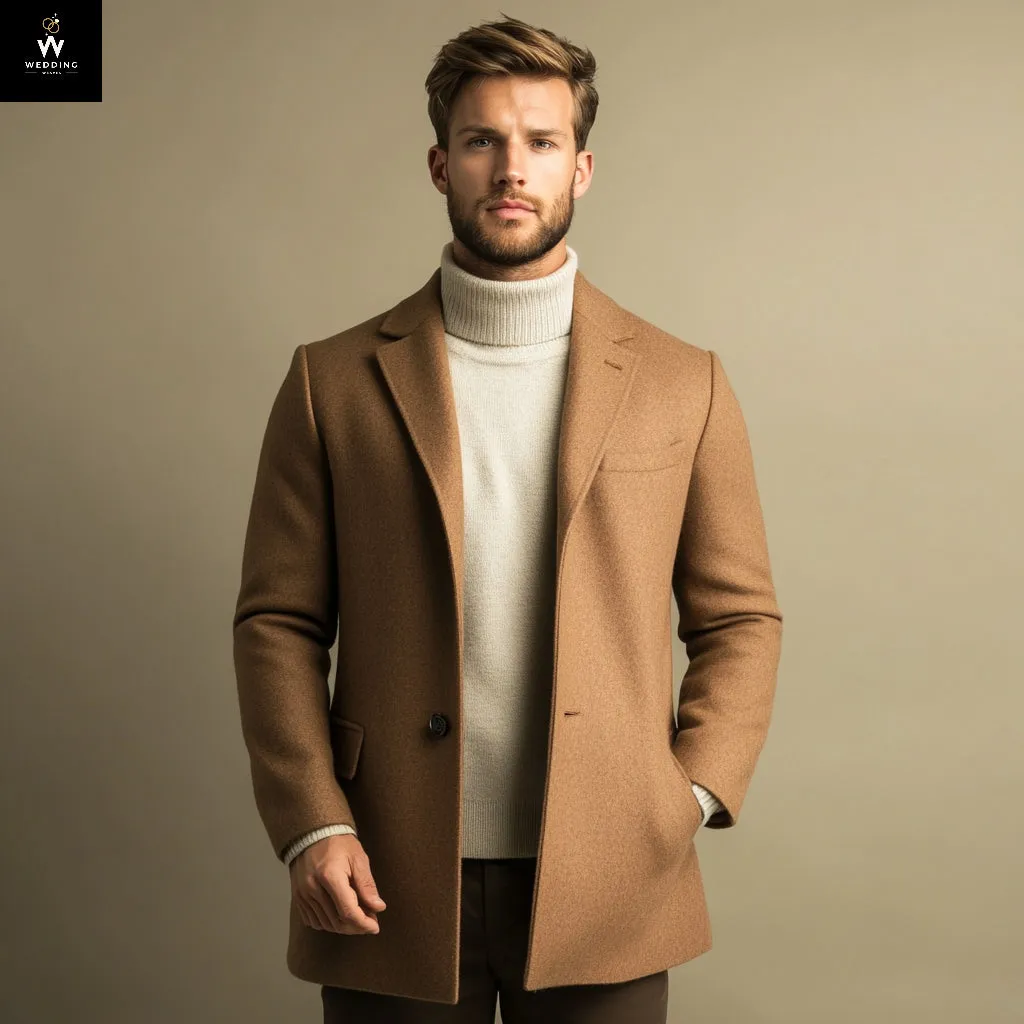 Men’s Tan Brown Wool Overcoat – Classic Warmth with Timeless Appeal