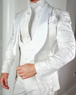 Men's White Jacquard Three-Piece Tuxedo – Printed Suit for Weddings, Engagements, Proms, Grooms & Groomsmen