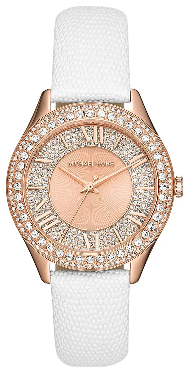Michael Kors Harlowe Ladies White Dial Rose Gold Vase White Lizard Embossed Leather Strap