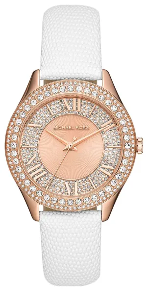 Michael Kors Harlowe Ladies White Dial Rose Gold Vase White Lizard Embossed Leather Strap