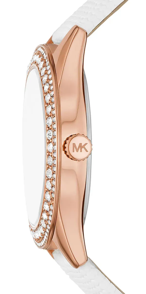 Michael Kors Harlowe Ladies White Dial Rose Gold Vase White Lizard Embossed Leather Strap