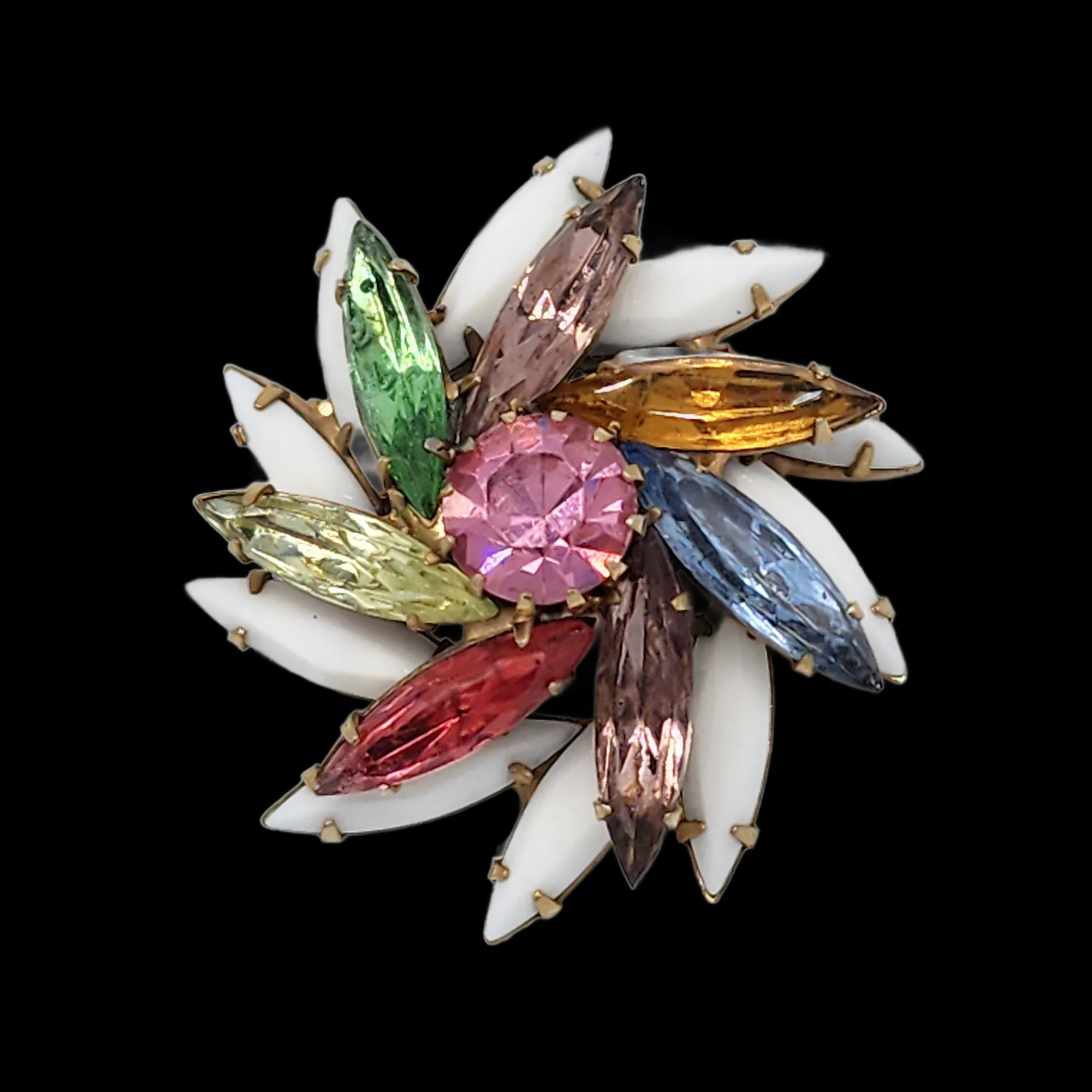 Milk Glass and Pastel Rhinestone Vintage Pinwheel Brooch