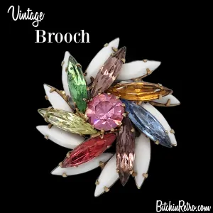 Milk Glass and Pastel Rhinestone Vintage Pinwheel Brooch