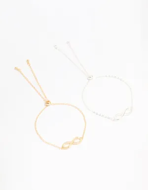 Mixed Metal Infinity Cubic Zirconia Toggle Bracelets 2-Pack