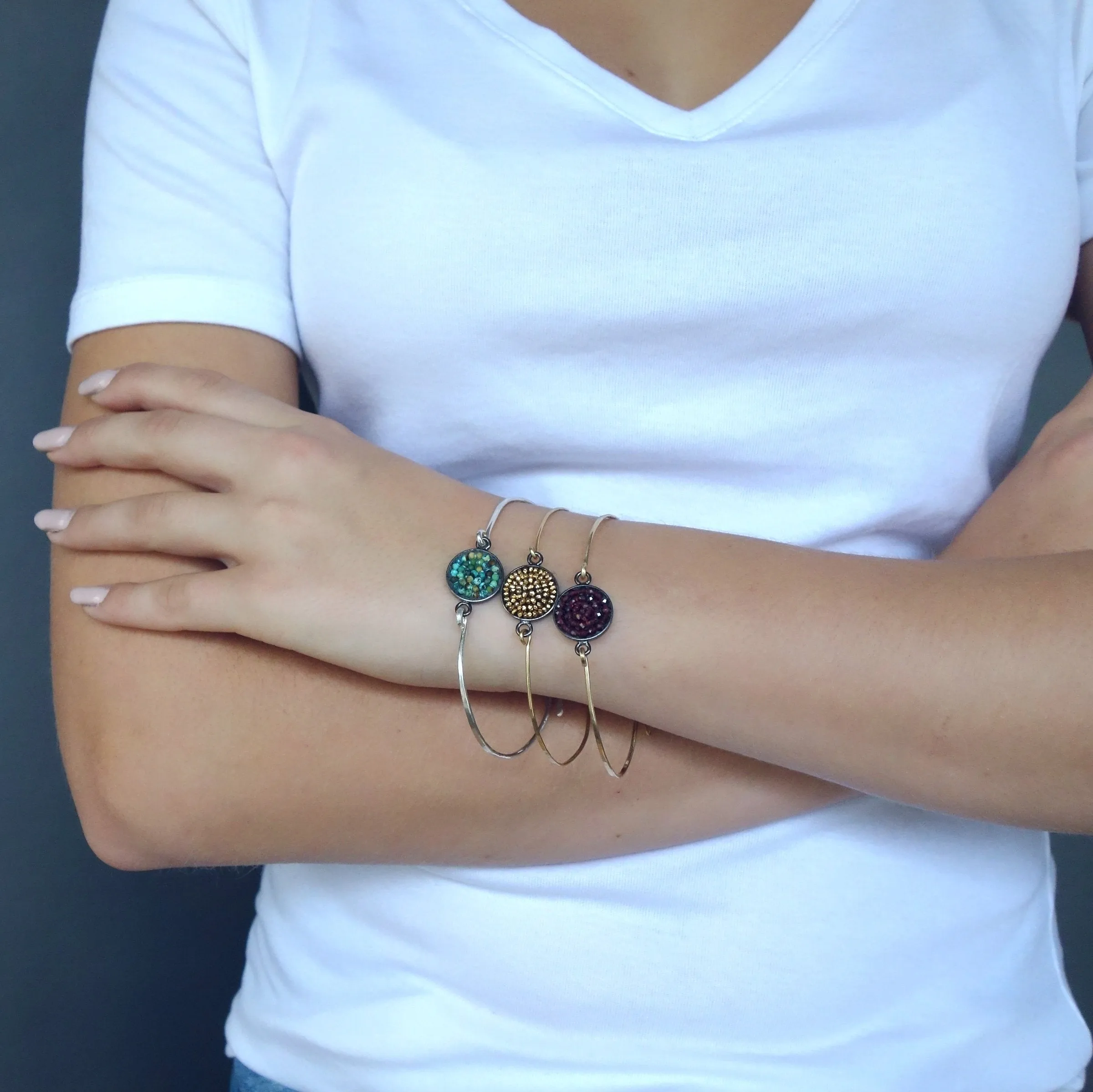 Mosaic bangle: hammered gold or silver so many gems