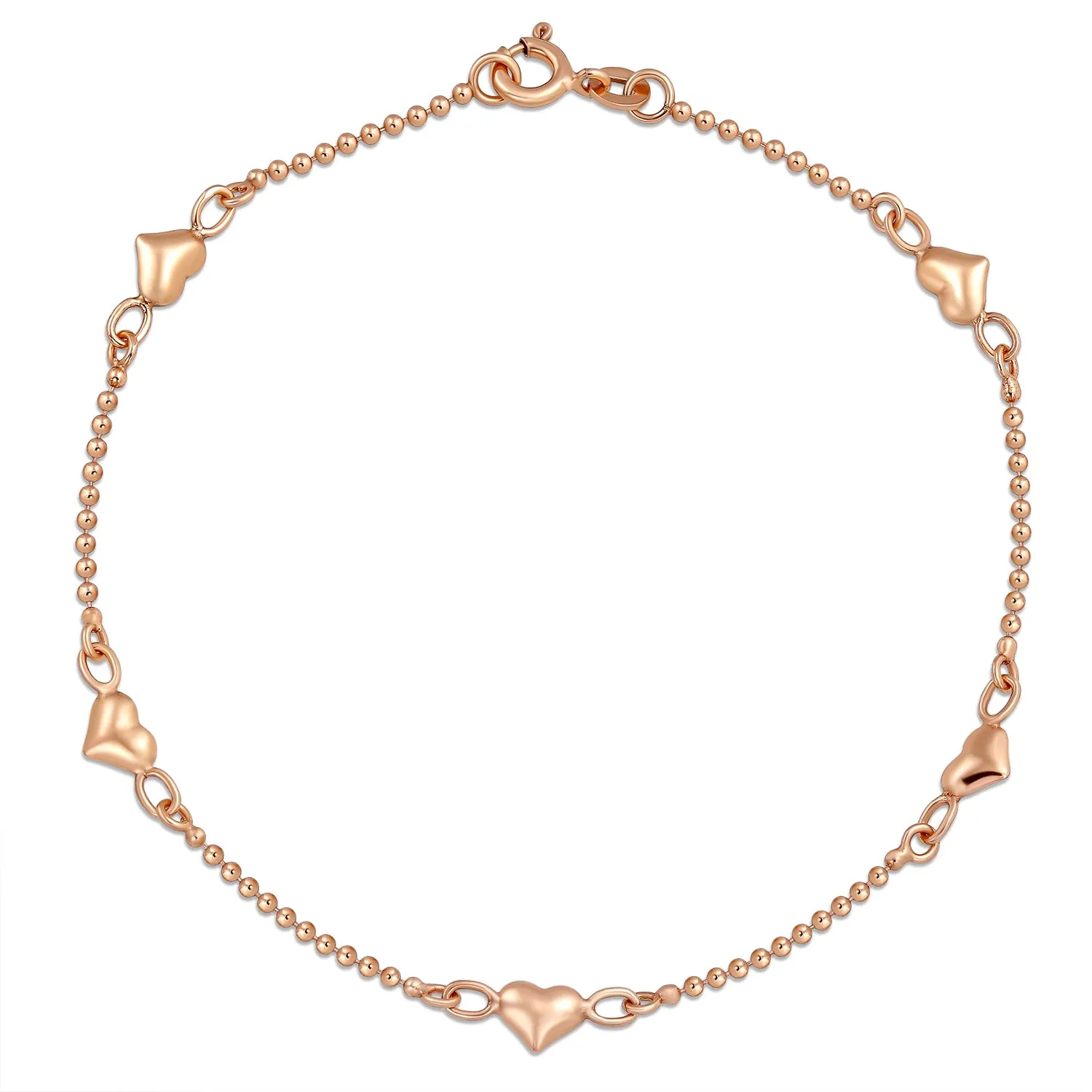 Multi Puff Hearts Charm Anklet Bracelet Rose Gold Vermeil Sterling Silver 9 Inch