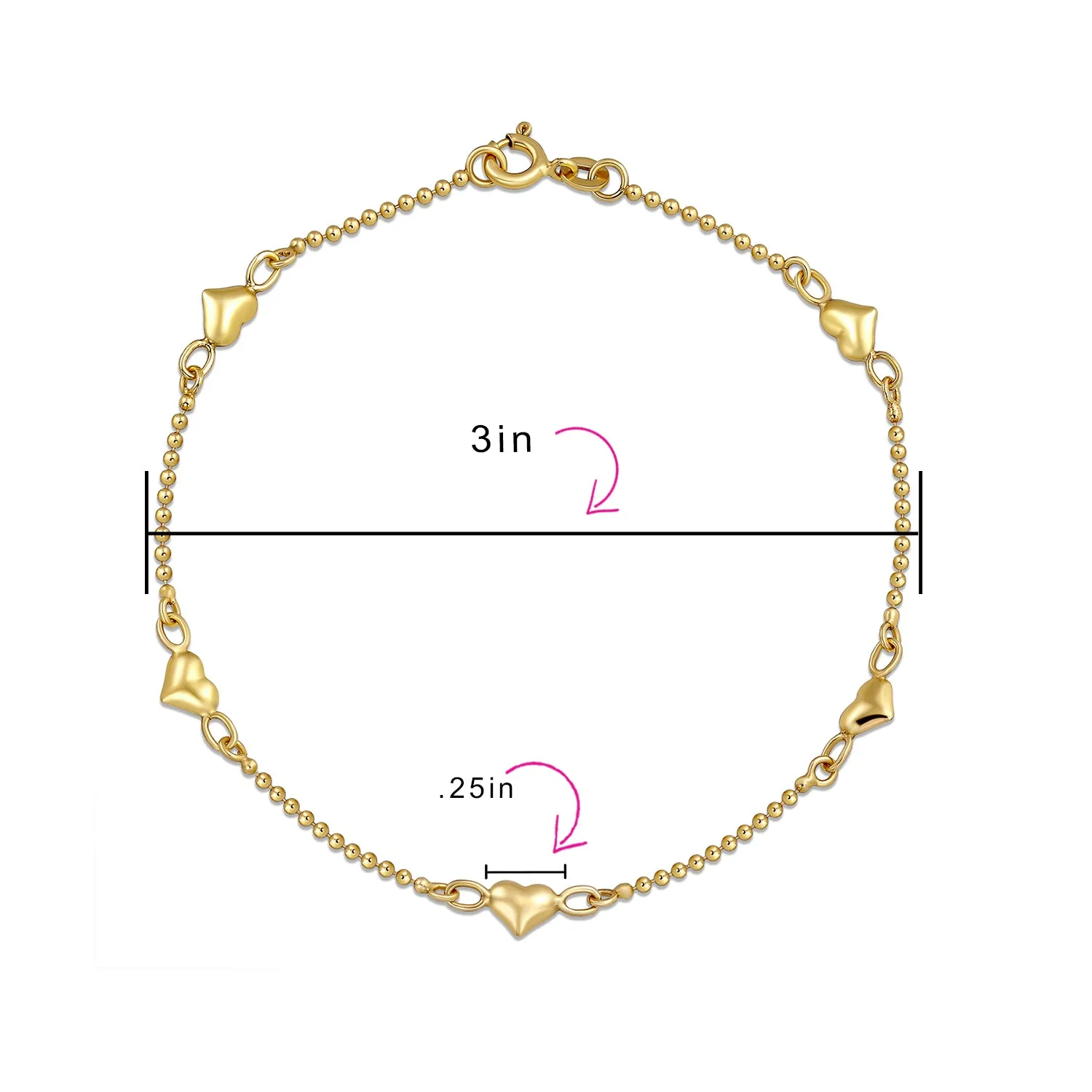 Multi Puff Hearts Charm Anklet Bracelet Rose Gold Vermeil Sterling Silver 9 Inch