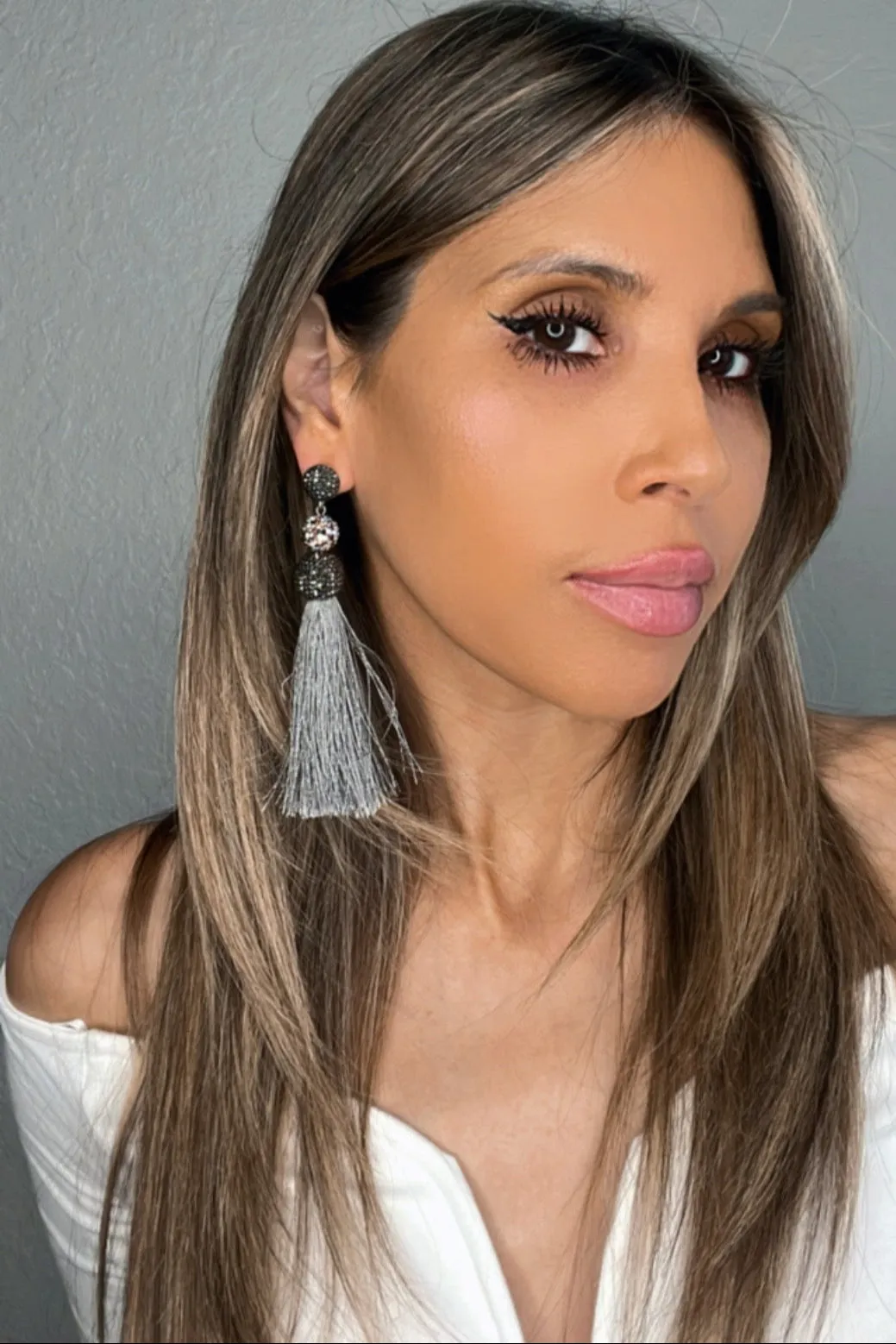 Multicolor & Silver Sterling Silver Gray Thread Tassel Earring