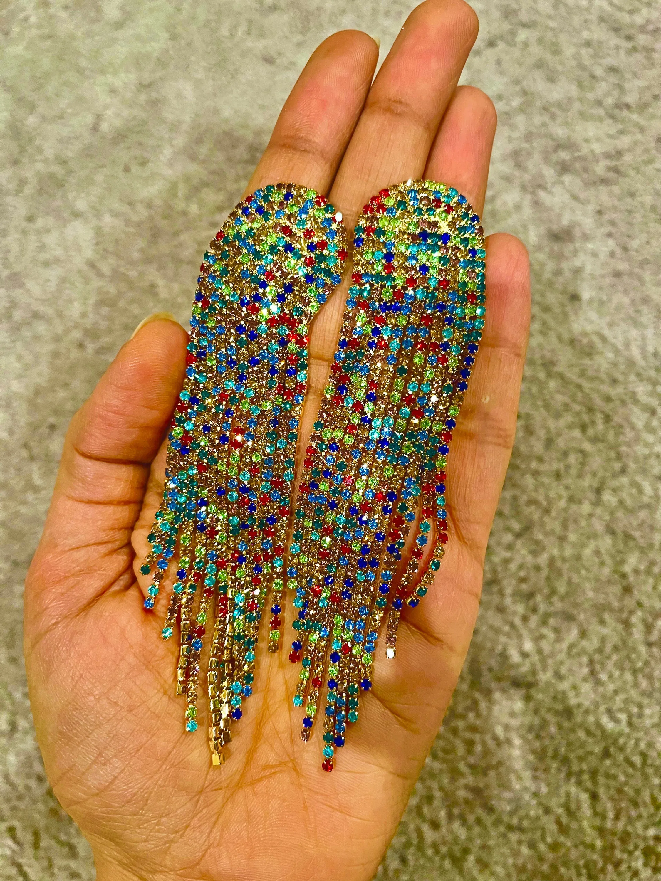 Multicolor earrings , multicolored earrings , long fringe earrings , red blue green earrings