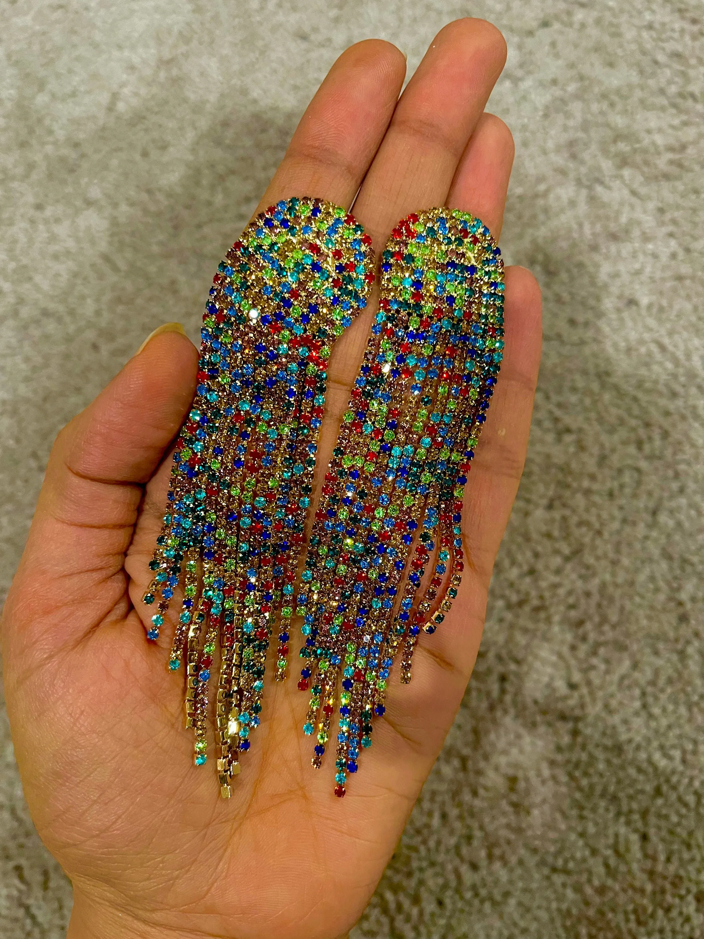 Multicolor earrings , multicolored earrings , long fringe earrings , red blue green earrings