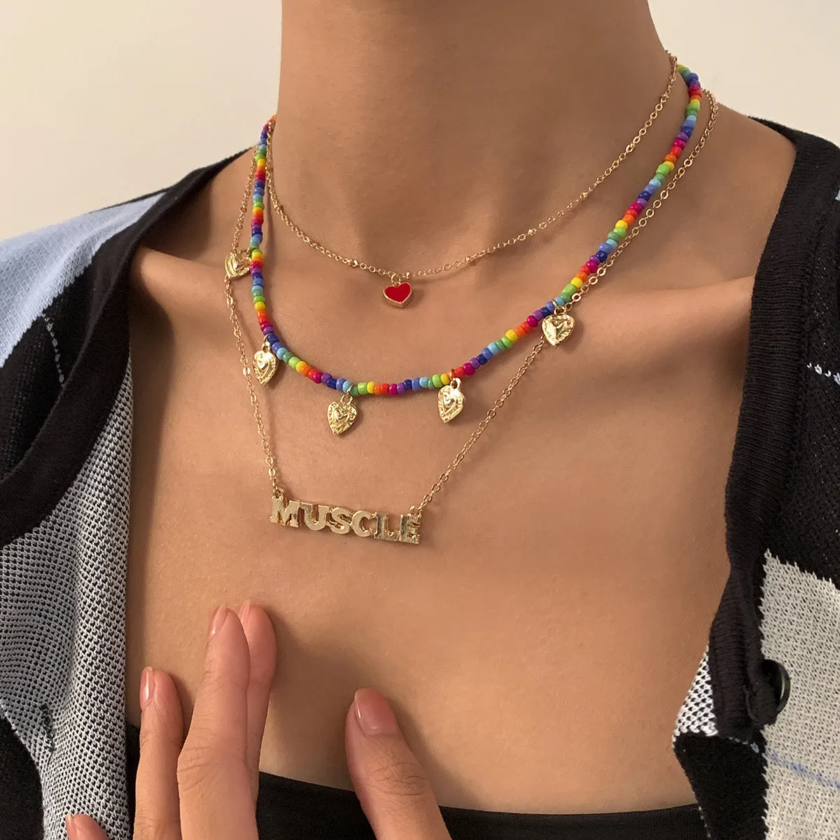 Multicolor Howlite & 18K Gold-Plated 'Muscle' Heart Necklace Set