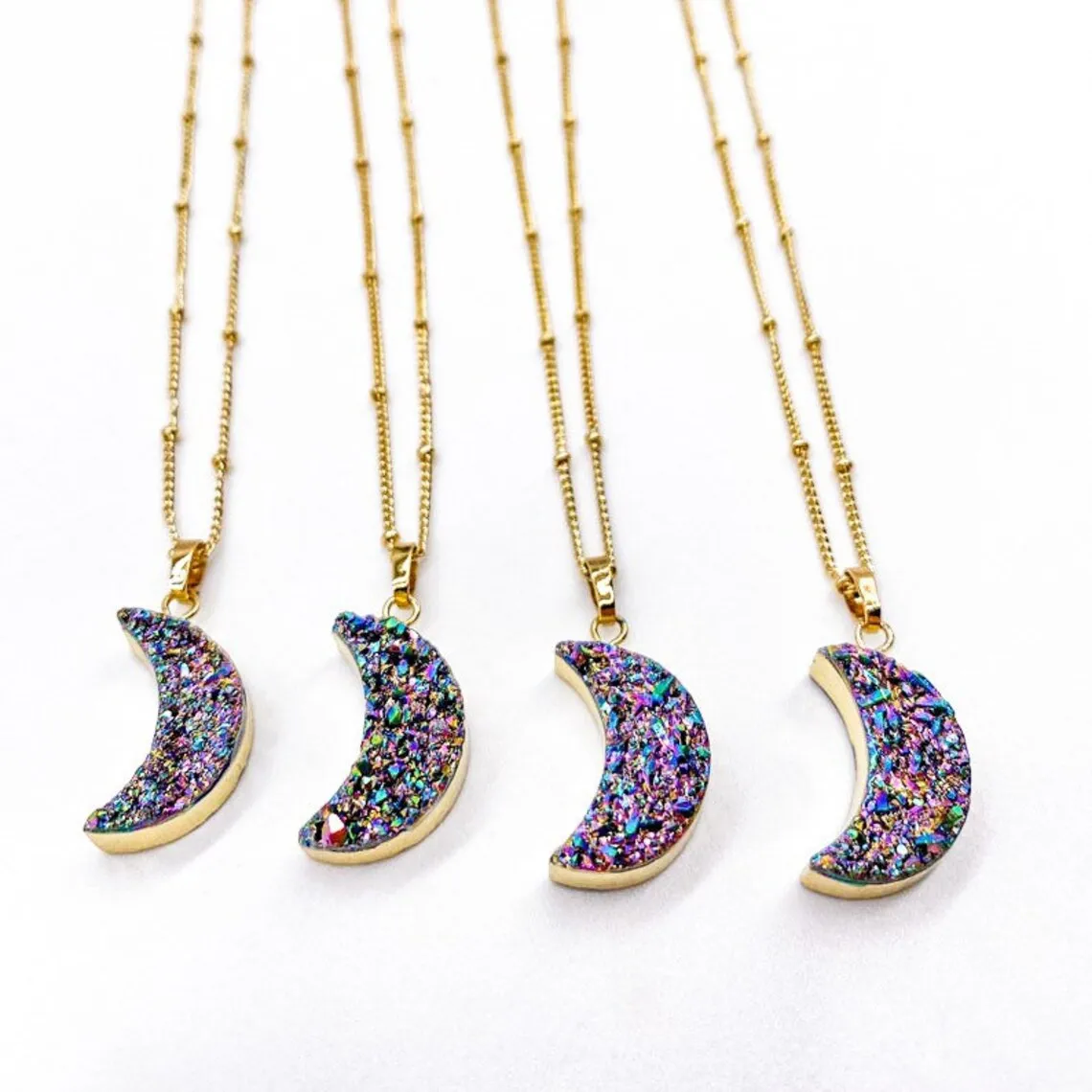 Natural Raw Quartz Moon Necklaces   24K Gold Plated