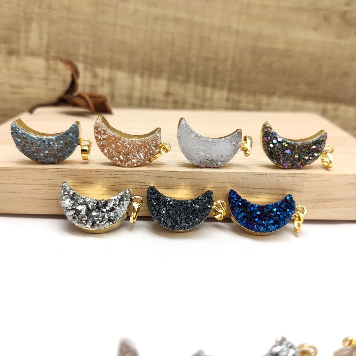 Natural Raw Quartz Moon Necklaces   24K Gold Plated