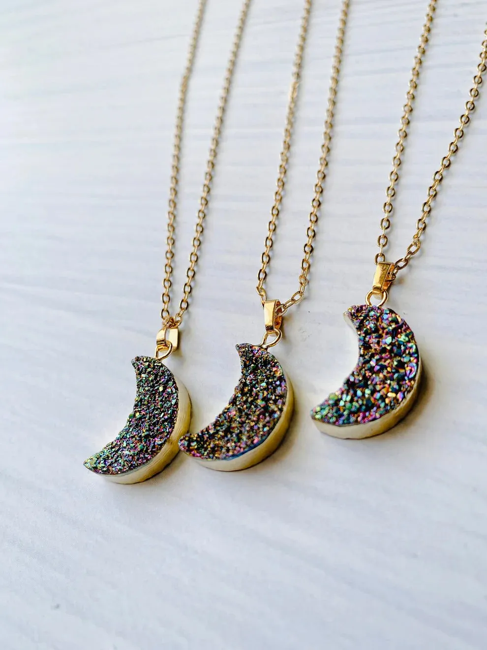 Natural Raw Quartz Moon Necklaces   24K Gold Plated