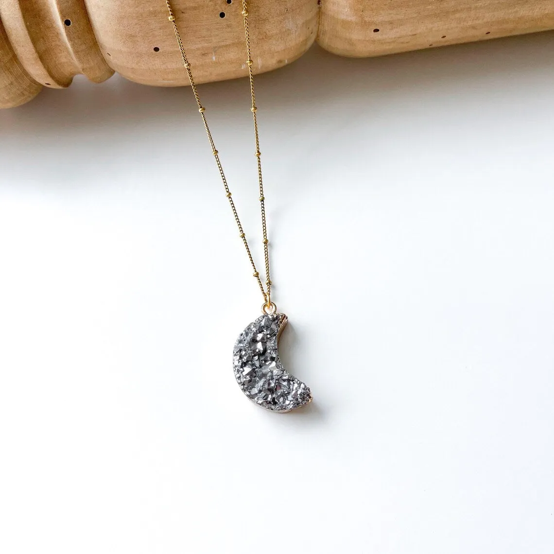 Natural Raw Quartz Moon Necklaces   24K Gold Plated