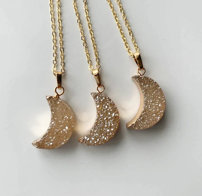 Natural Raw Quartz Moon Necklaces   24K Gold Plated
