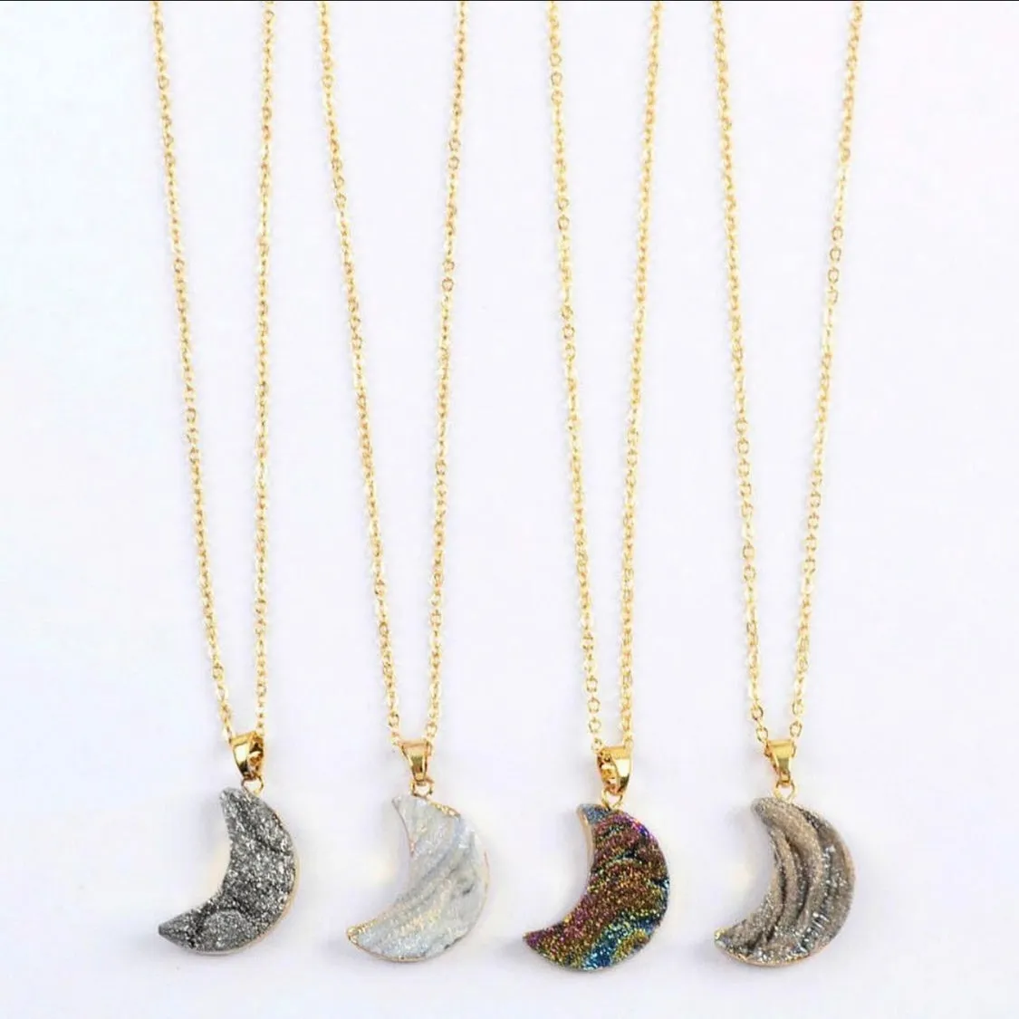 Natural Raw Quartz Moon Necklaces   24K Gold Plated