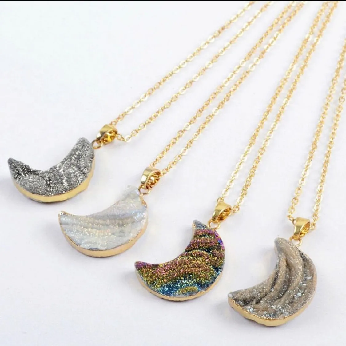 Natural Raw Quartz Moon Necklaces   24K Gold Plated