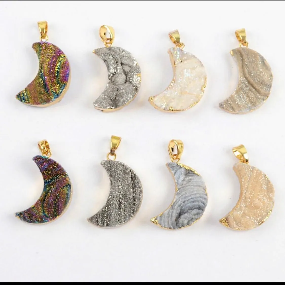 Natural Raw Quartz Moon Necklaces   24K Gold Plated