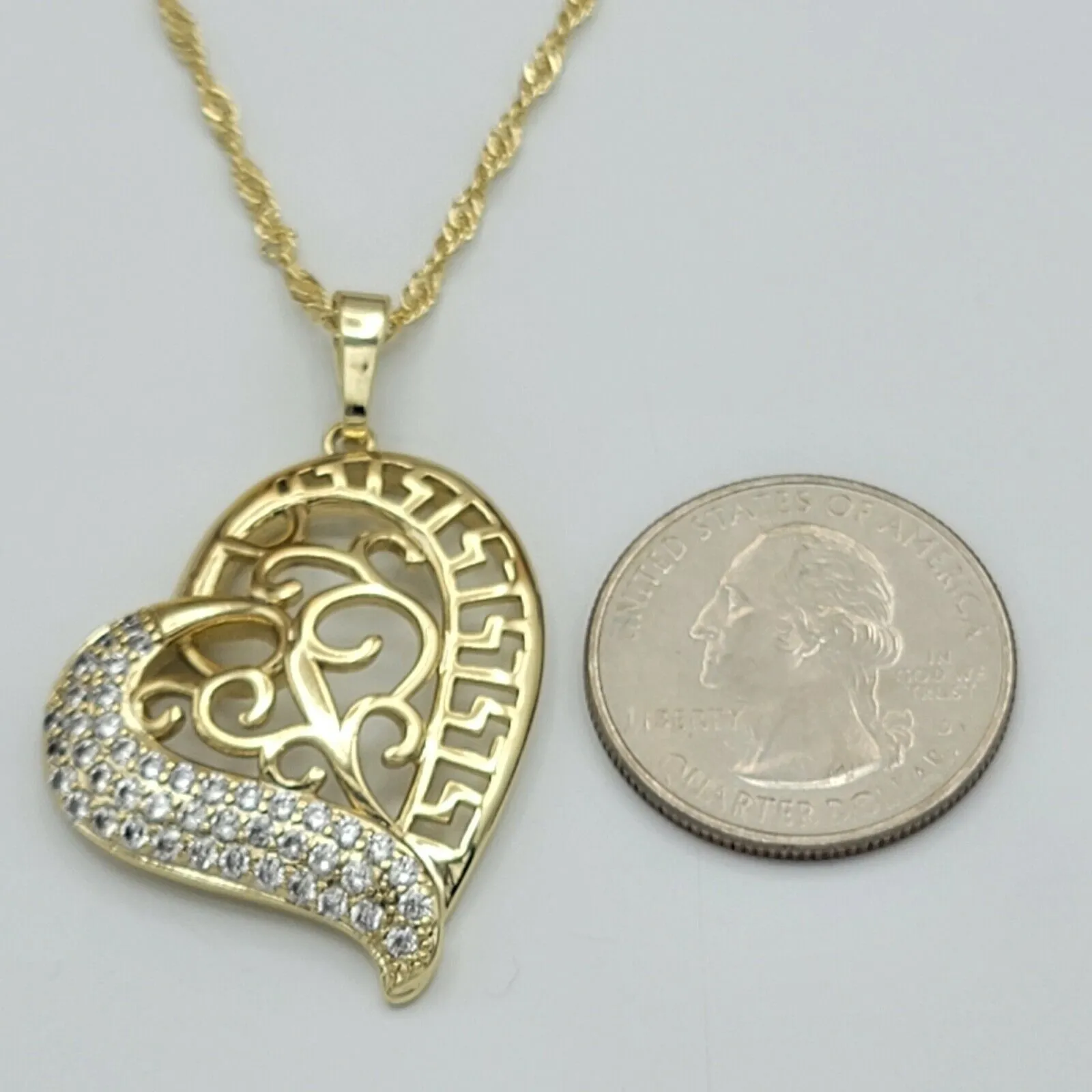 Necklaces - 14K Gold Plated. Crystal Greek Design HEART Pendant & Chain.