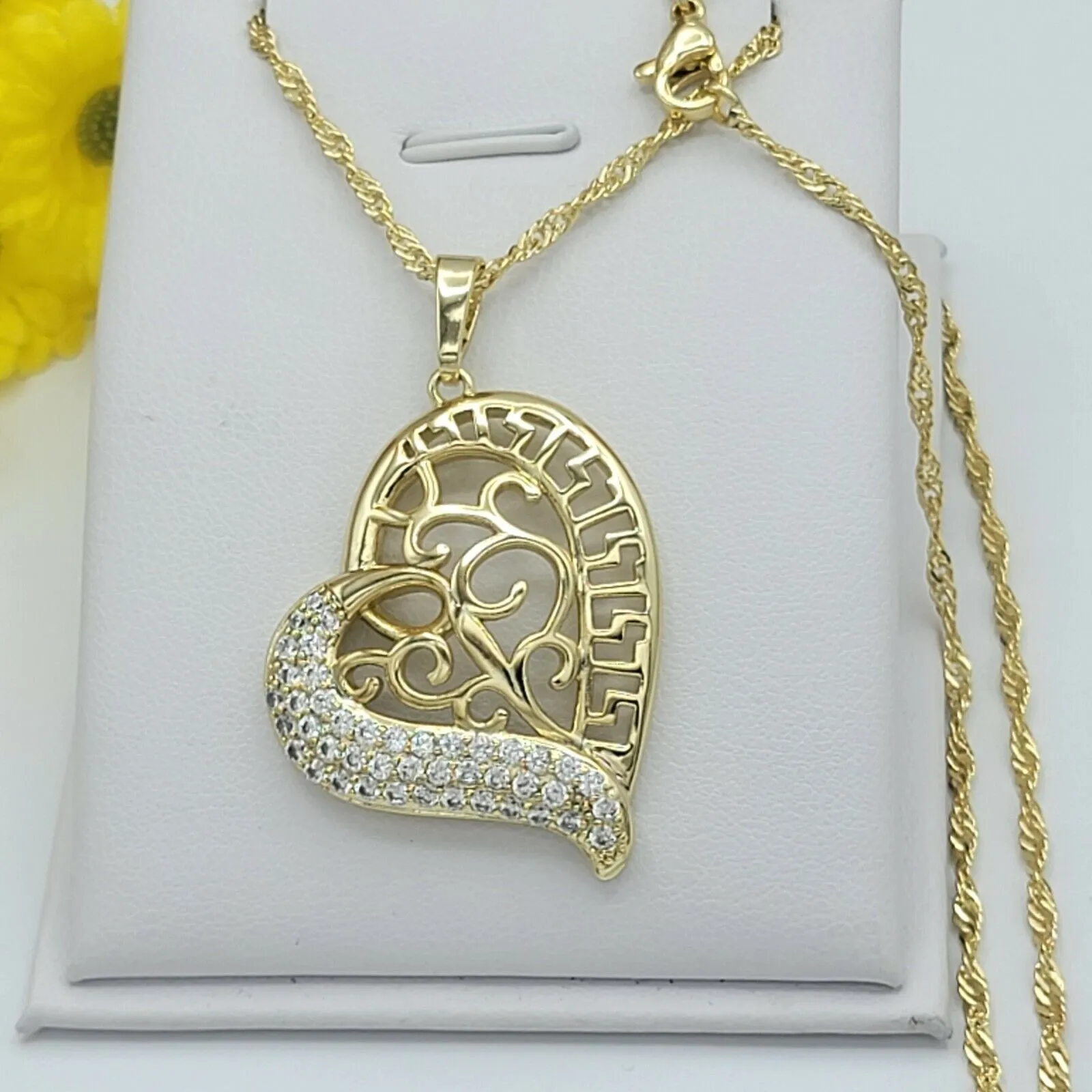 Necklaces - 14K Gold Plated. Crystal Greek Design HEART Pendant & Chain.