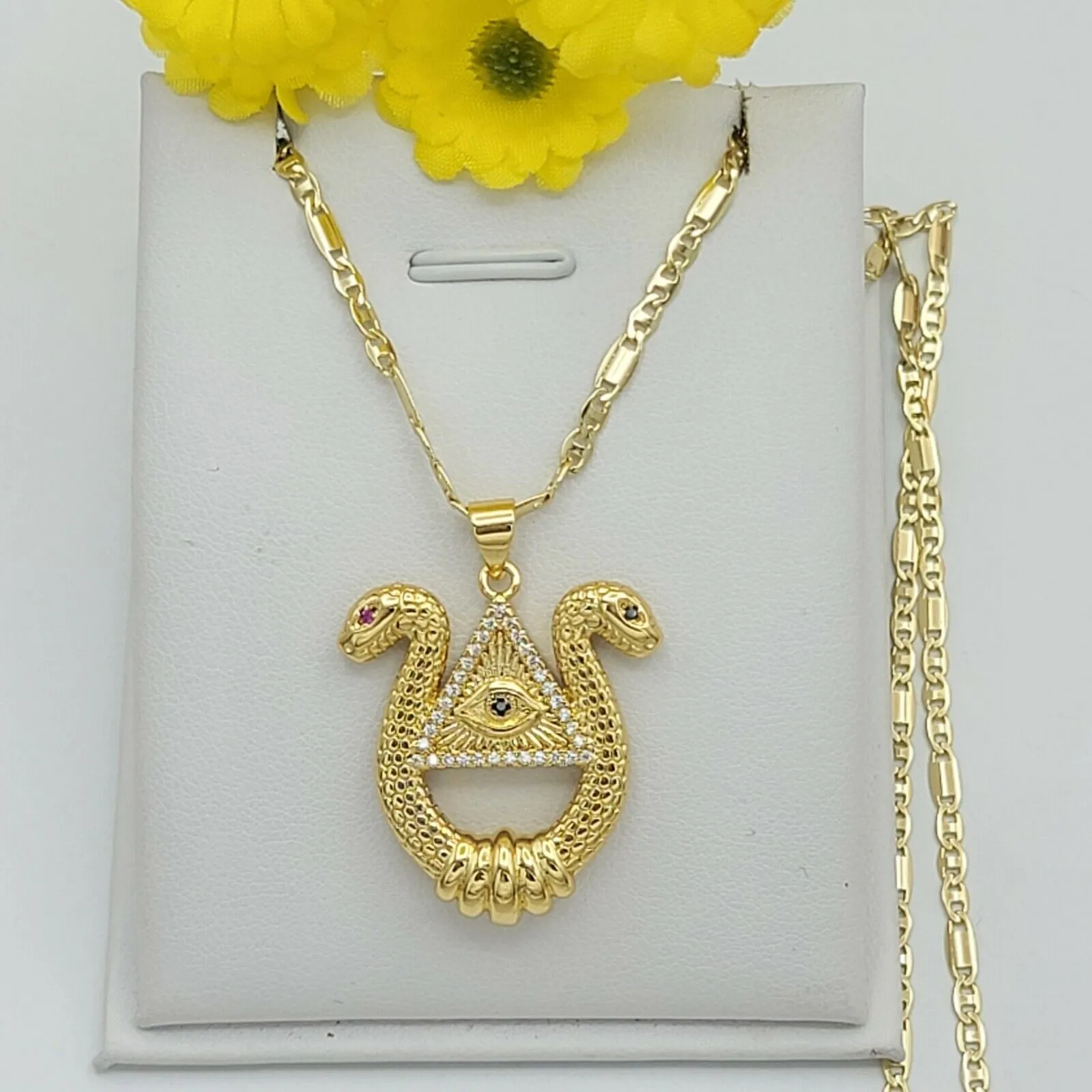 Necklaces - 14K Gold Plated. Double Head Snake Eye Providence Divine Vision Pendant & Chain.