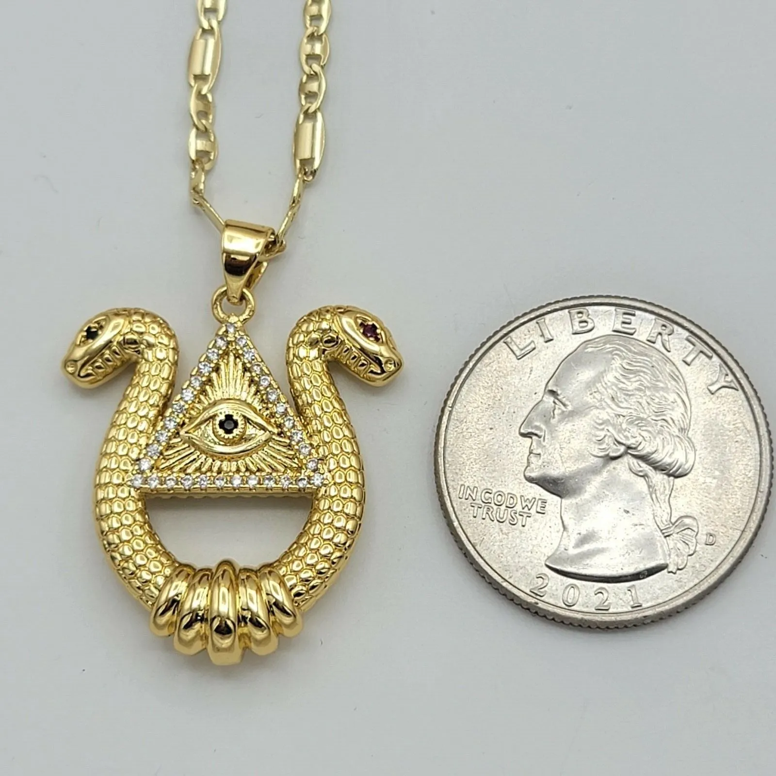 Necklaces - 14K Gold Plated. Double Head Snake Eye Providence Divine Vision Pendant & Chain.