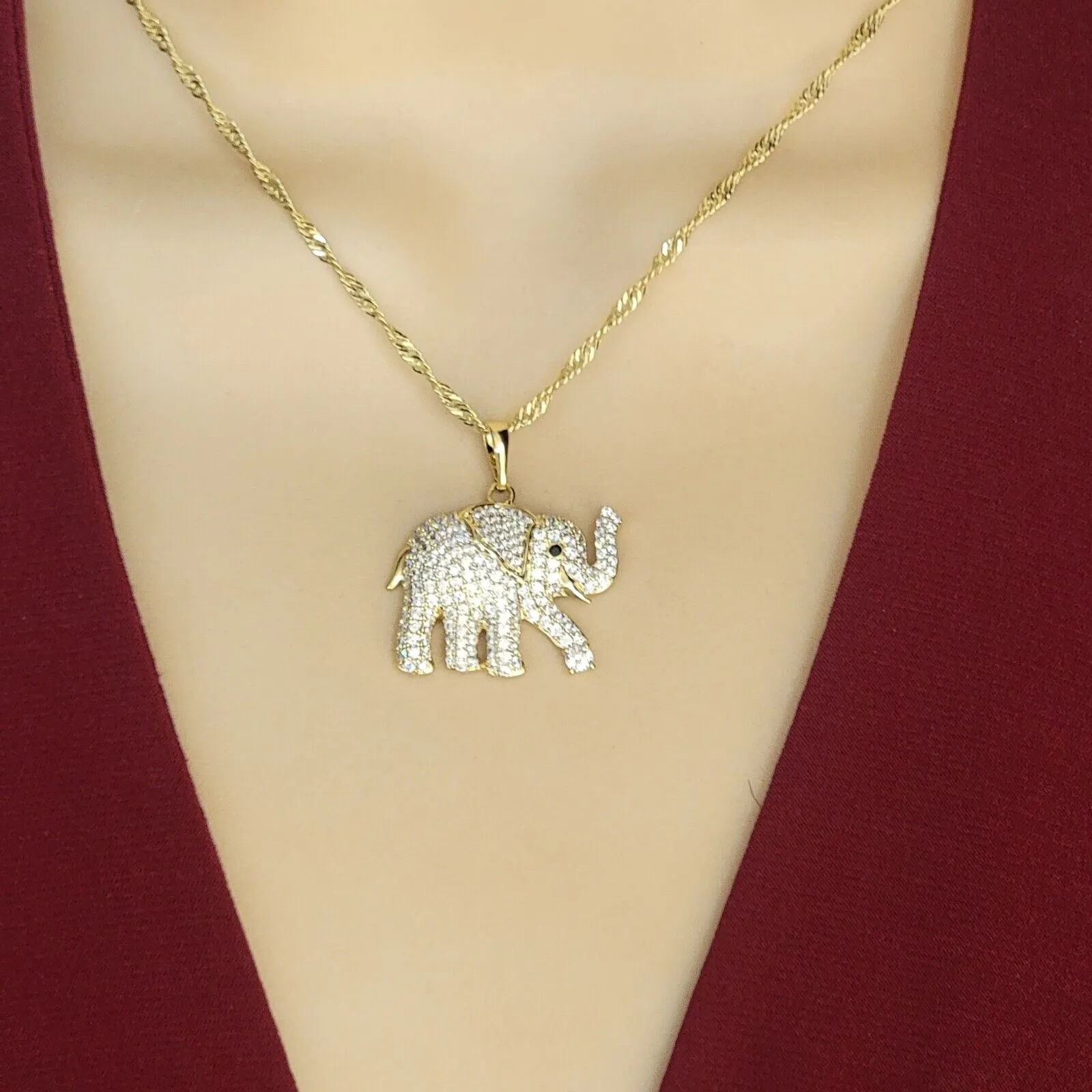 Necklaces - 14K Gold Plated. Elephant with CZ Pendant & Chain.