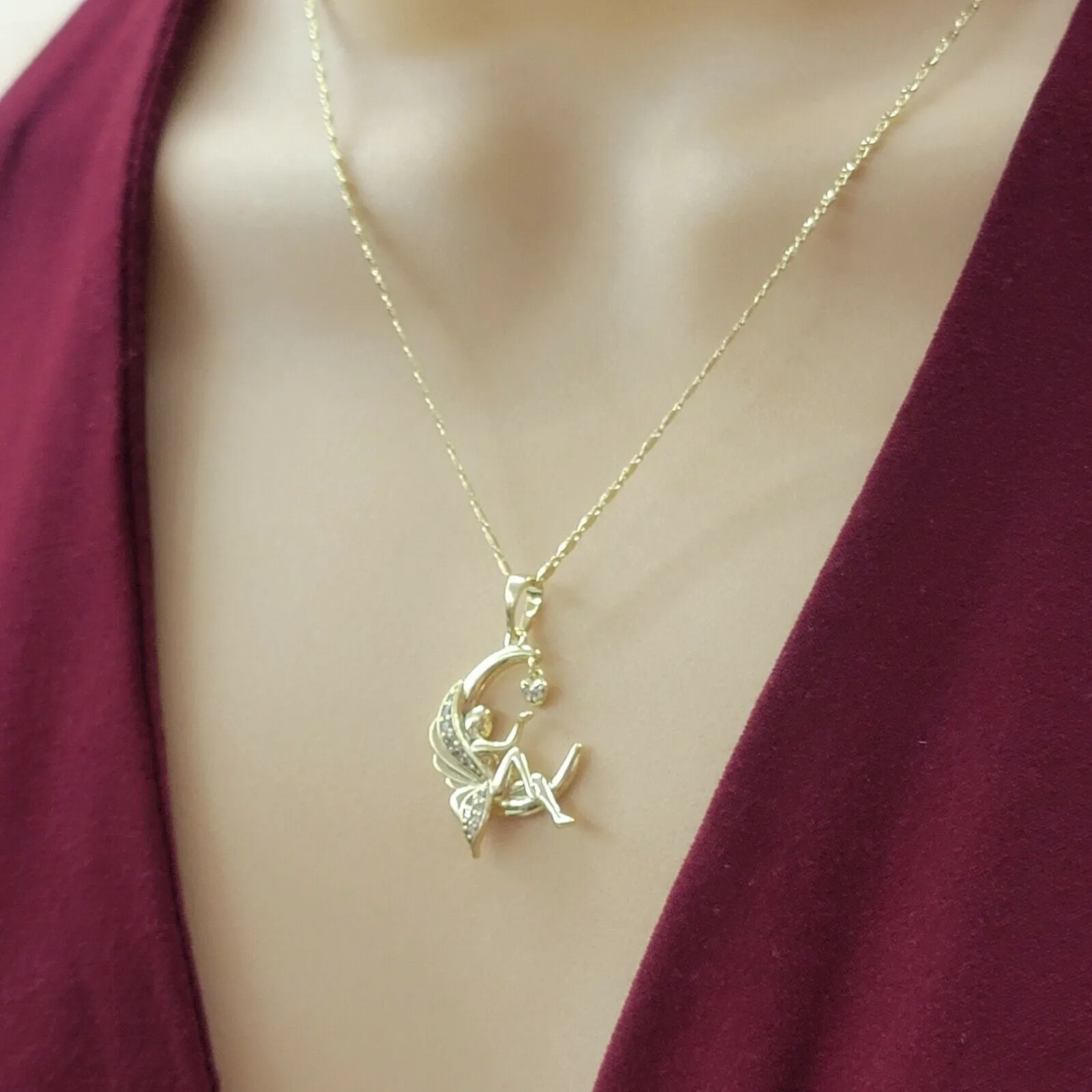 Necklaces - 14K Gold Plated. Fairy in the Moon touching a Heart Pendant & Chain. CZ Crystal