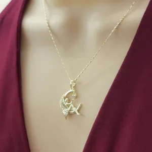 Necklaces - 14K Gold Plated. Fairy in the Moon touching a Heart Pendant & Chain. CZ Crystal