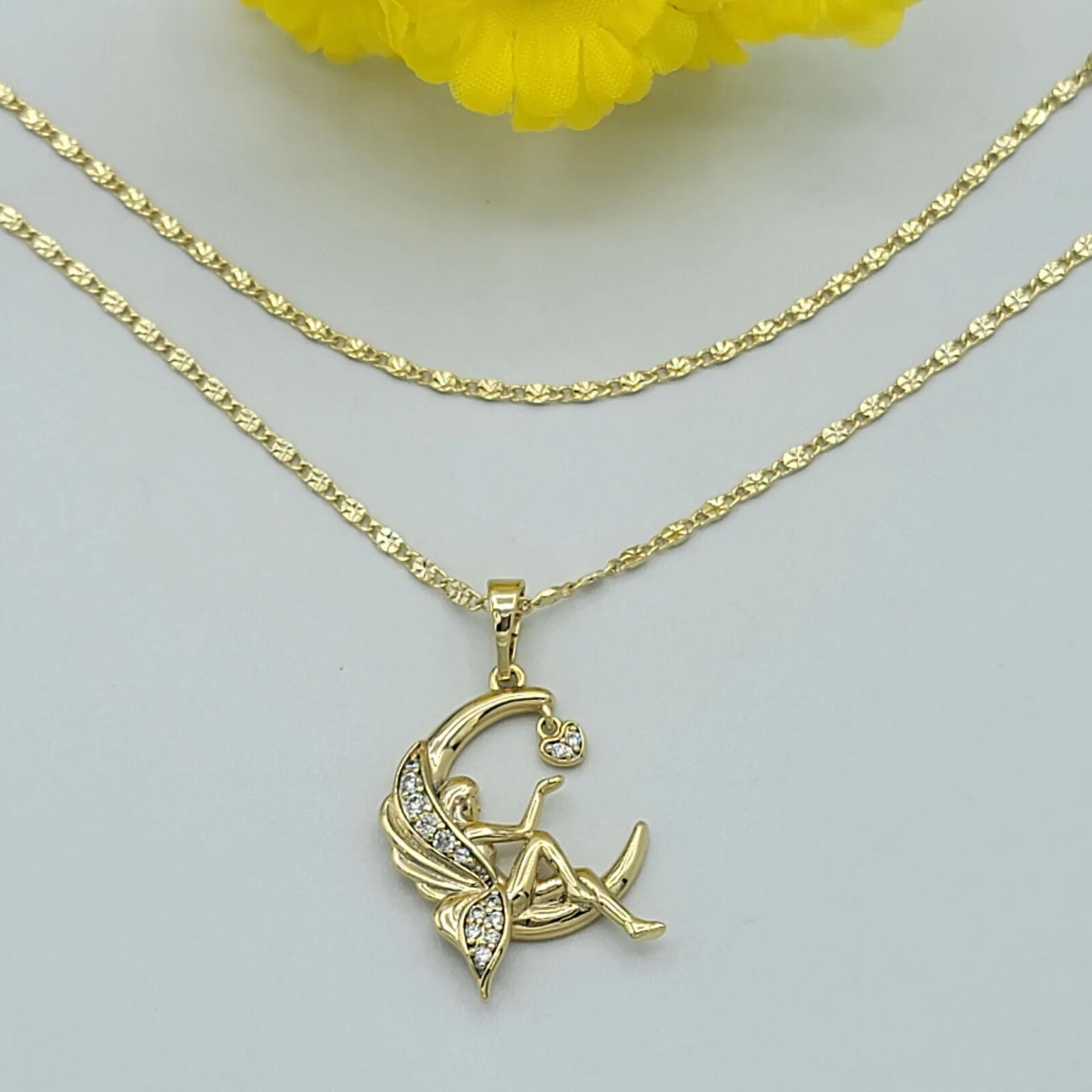 Necklaces - 14K Gold Plated. Fairy in the Moon touching a Heart Pendant & Chain. CZ Crystal