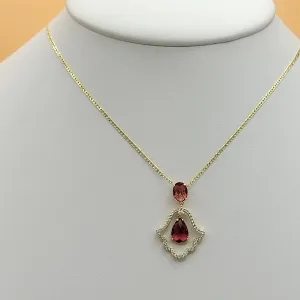 Necklaces - 14K Gold Plated. Hamsa Fatima Hand Dark Pink Red CZ Movable Charm Pendant & Chain.