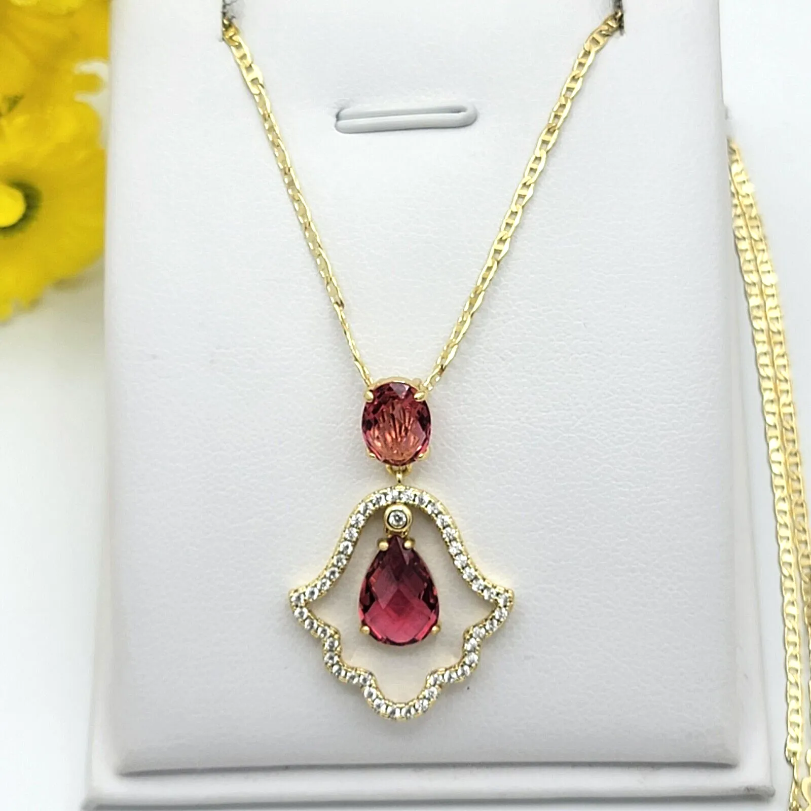 Necklaces - 14K Gold Plated. Hamsa Fatima Hand Dark Pink Red CZ Movable Charm Pendant & Chain.