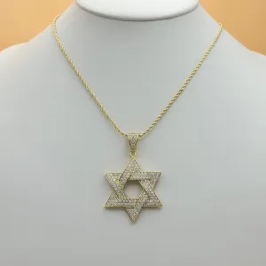 Necklaces - 14K Gold Plated. Hexagon 6 Point Icy Star Of David Cross Pendant & Chain.