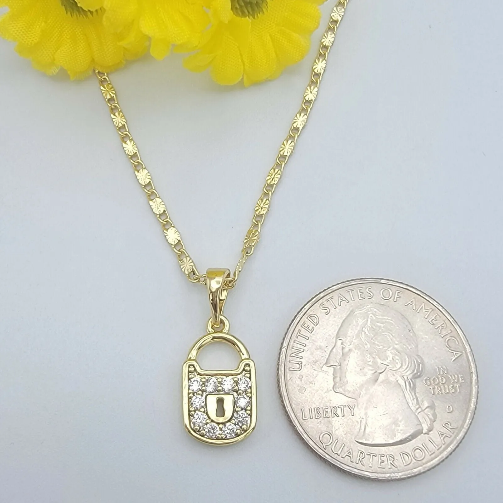 Necklaces - 14K Gold Plated. Lock Padlock Charm Pendant & Chain.