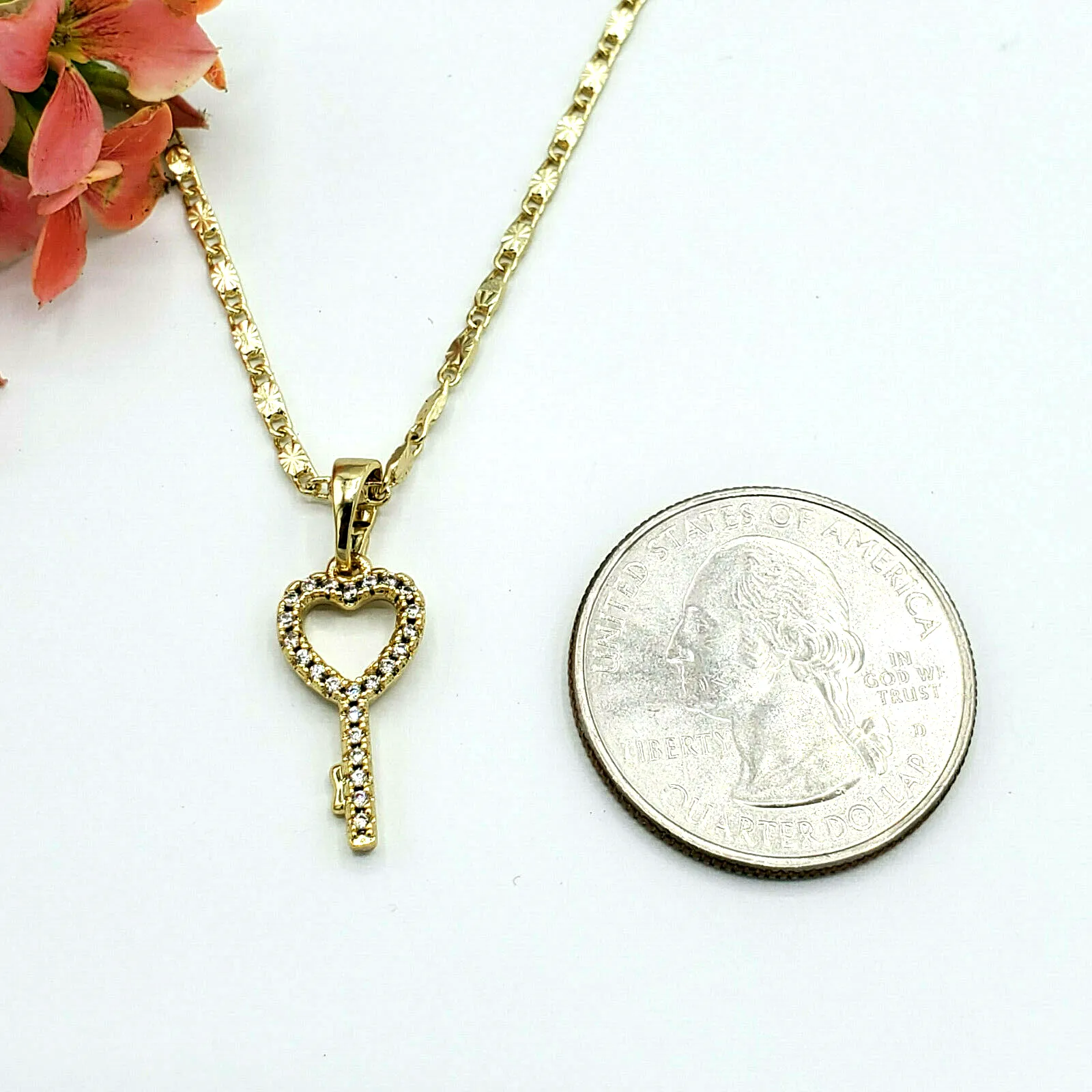 Necklaces - 14K Gold Plated. Love Heart Key Pendant & Chain. 520 Love Gift