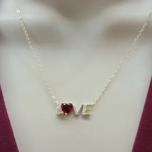 Necklaces - 14K Gold Plated. LOVE Word Red Heart Cubic Zirconia CZ Crystal Necklace.