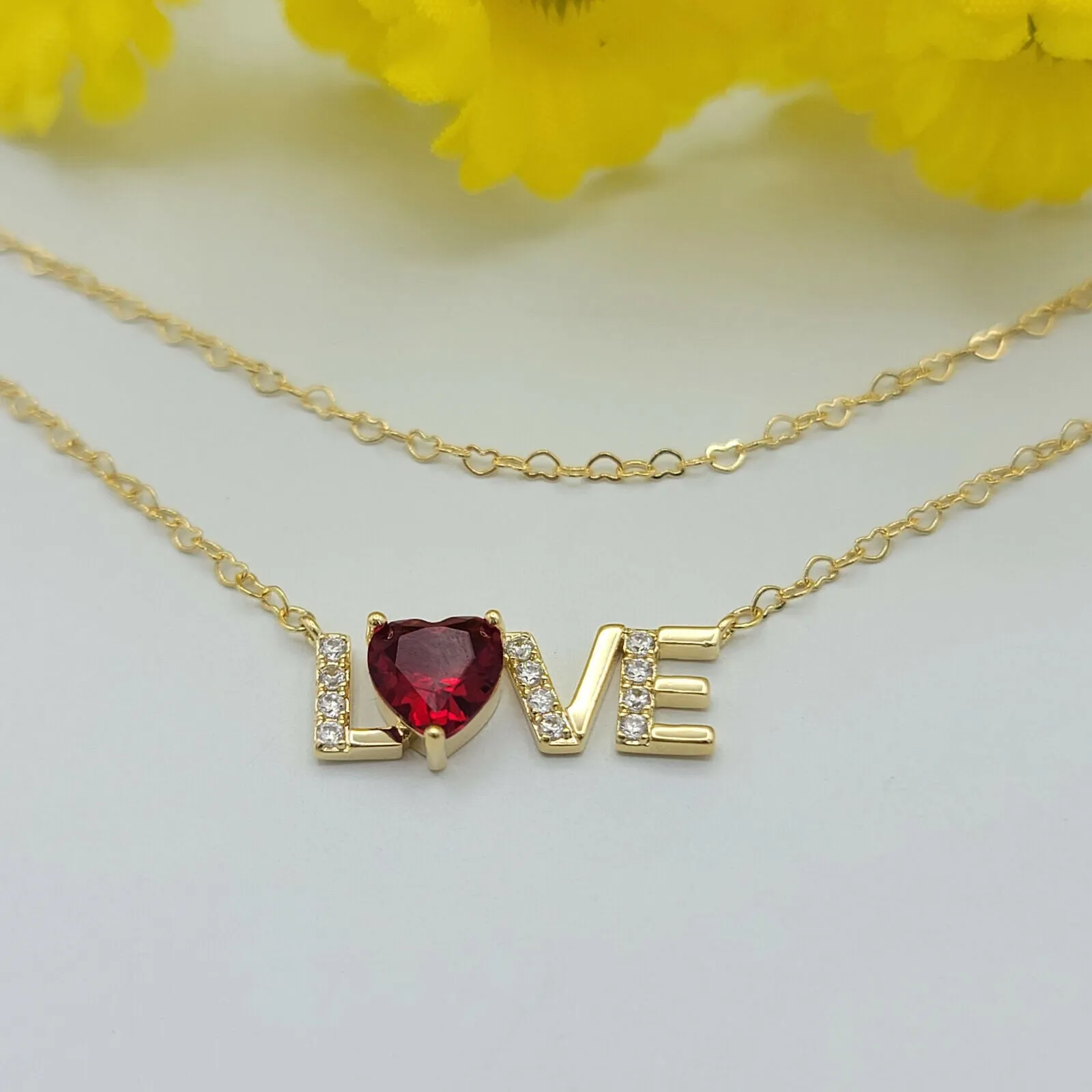 Necklaces - 14K Gold Plated. LOVE Word Red Heart Cubic Zirconia CZ Crystal Necklace.