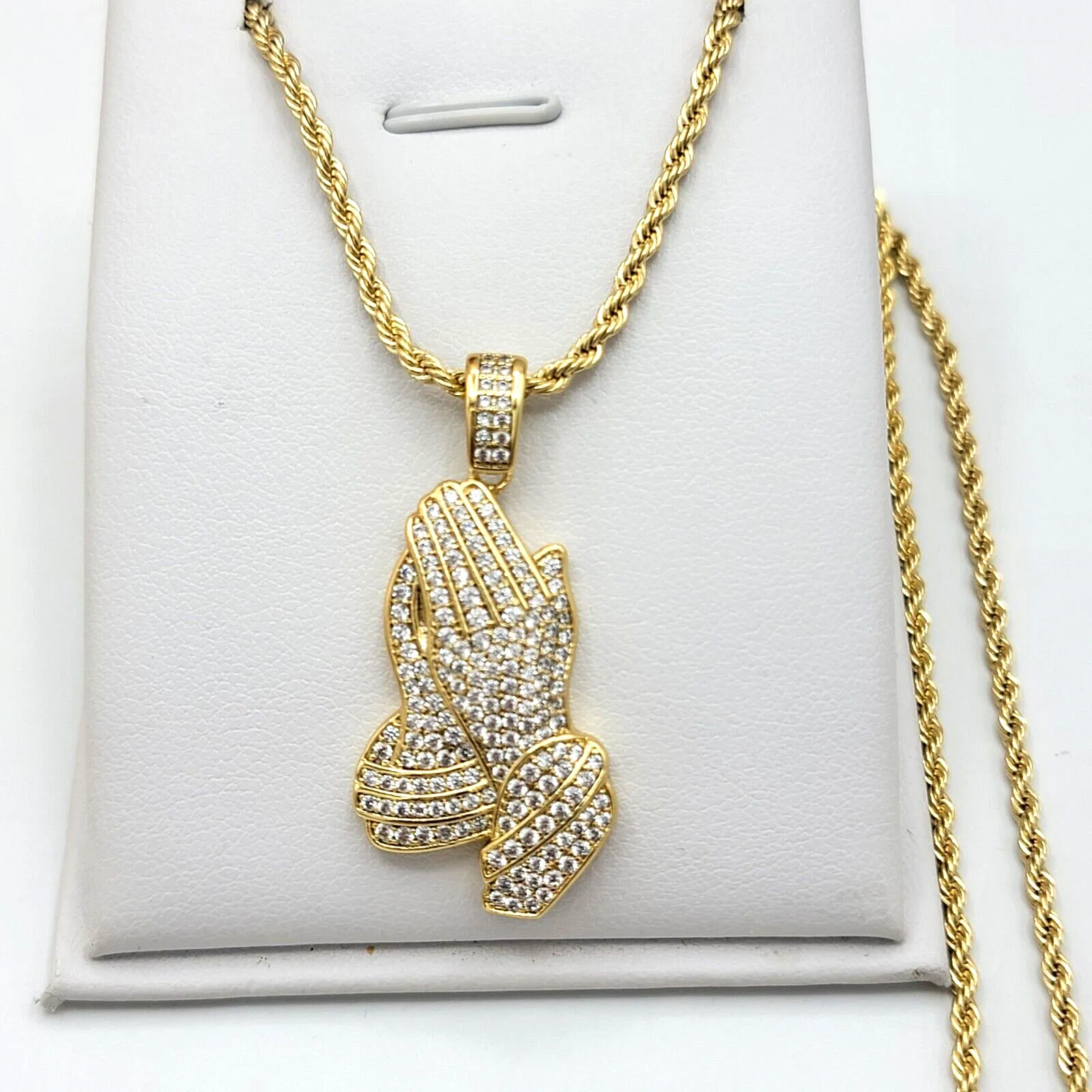 Necklaces - 14k Gold Plated. Praying Hands LET'S PRAY Pendant & Chain.