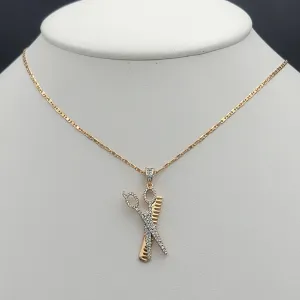 Necklaces - 18K Gold Plated. Barber Shop Scissors Comb Pendant & Chain.