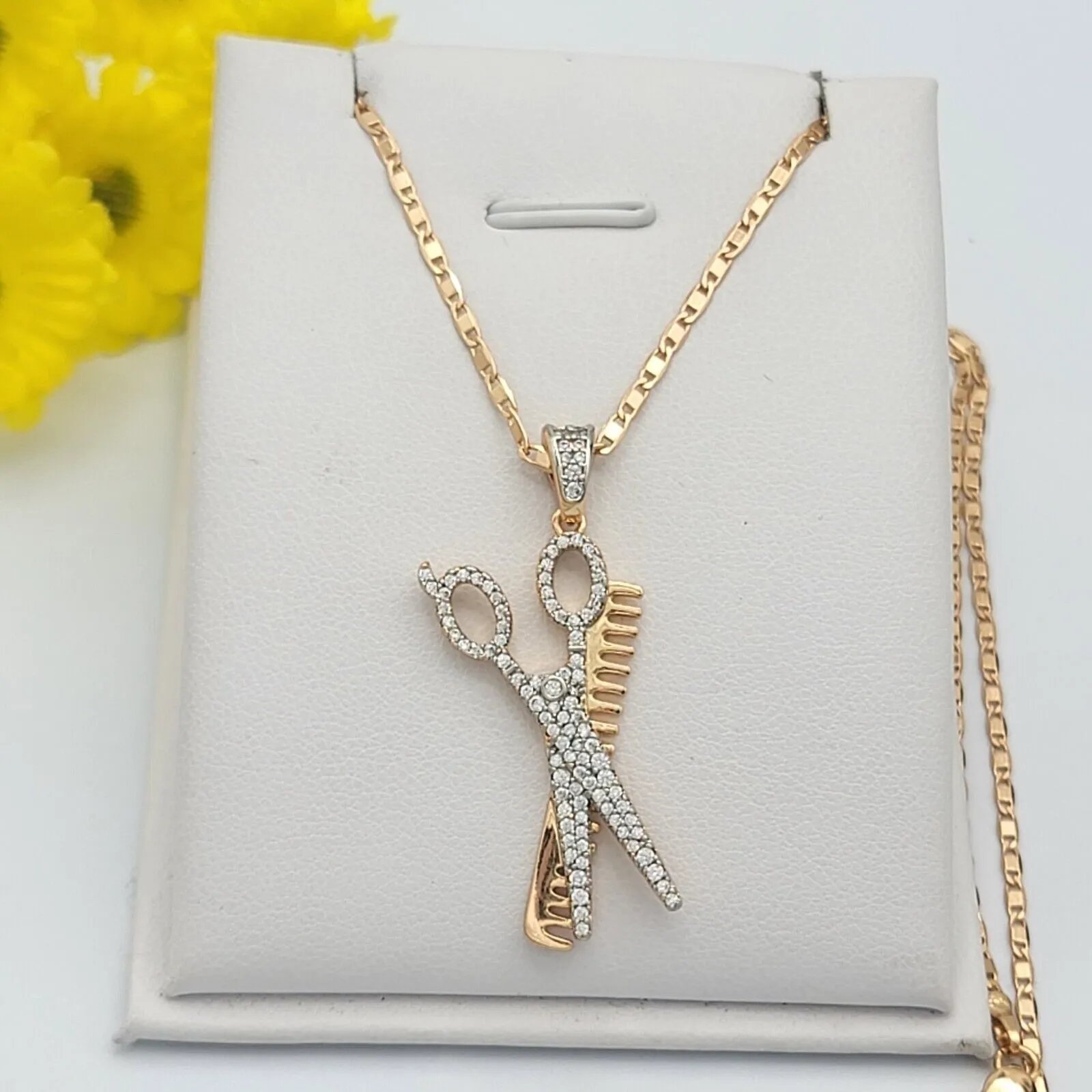 Necklaces - 18K Gold Plated. Barber Shop Scissors Comb Pendant & Chain.