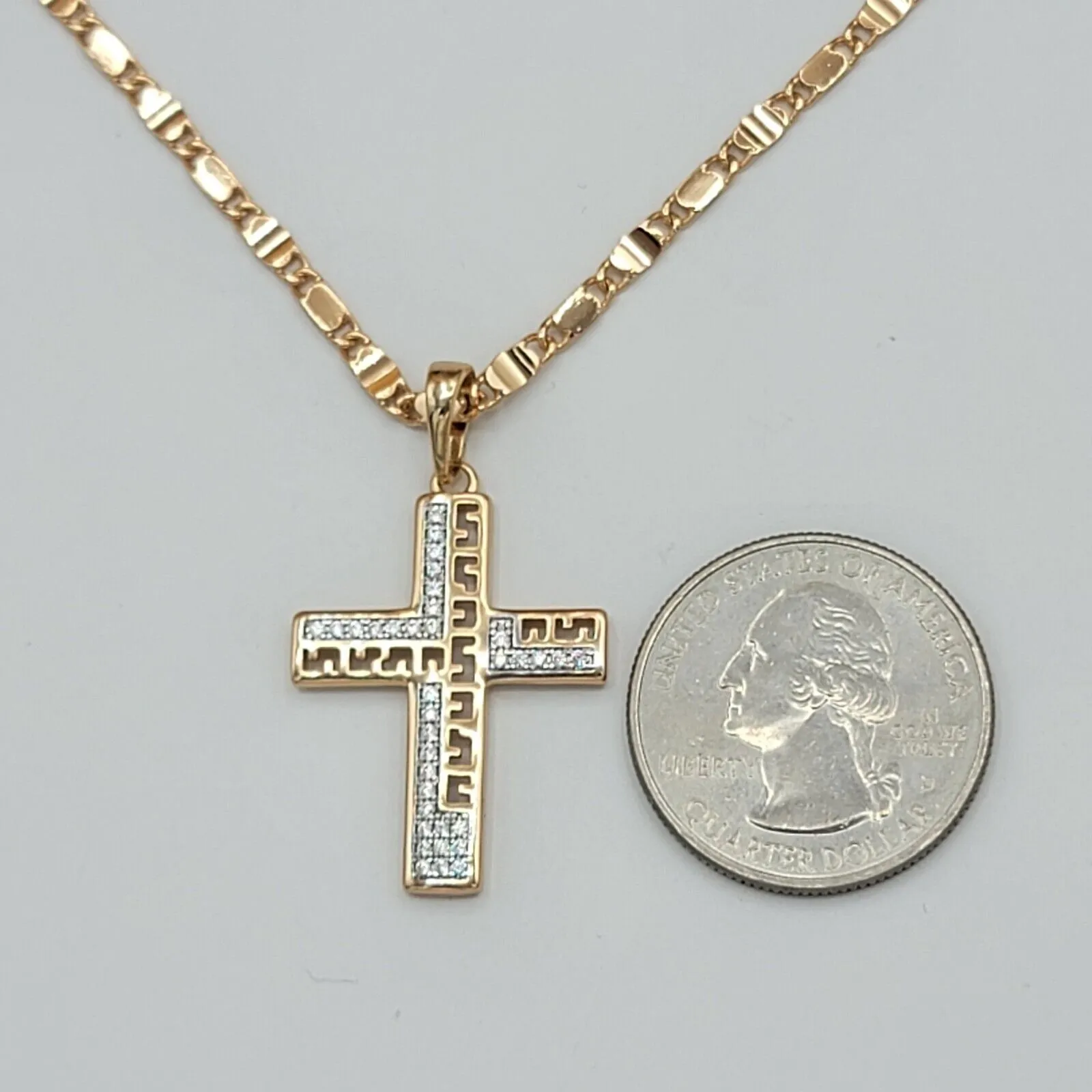 Necklaces - 18K Gold Plated. Crucifix Cross Jesus Christ Pendant & Chain. Greek Deco